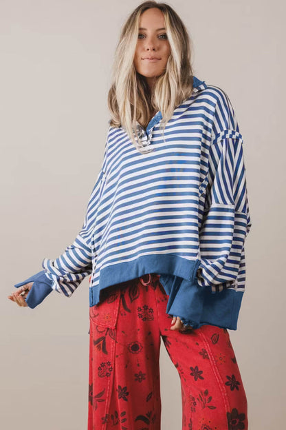 Blue Stripe Color Block Trim Raw Seam Split Hem Loose Pullover Sweatshirt