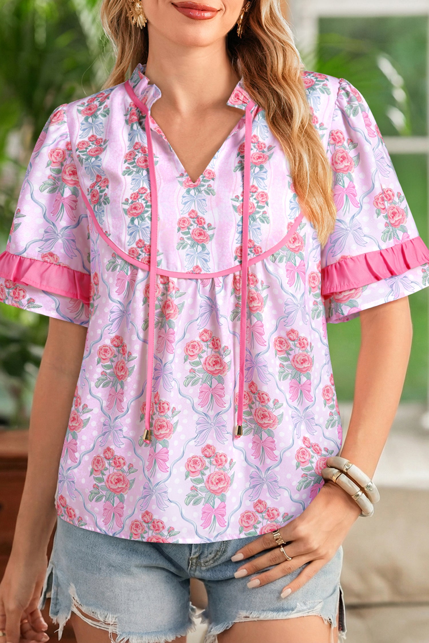 Purple Coquette Floral Bow Printed Contrast Ruffled Short Sleeve Blouse