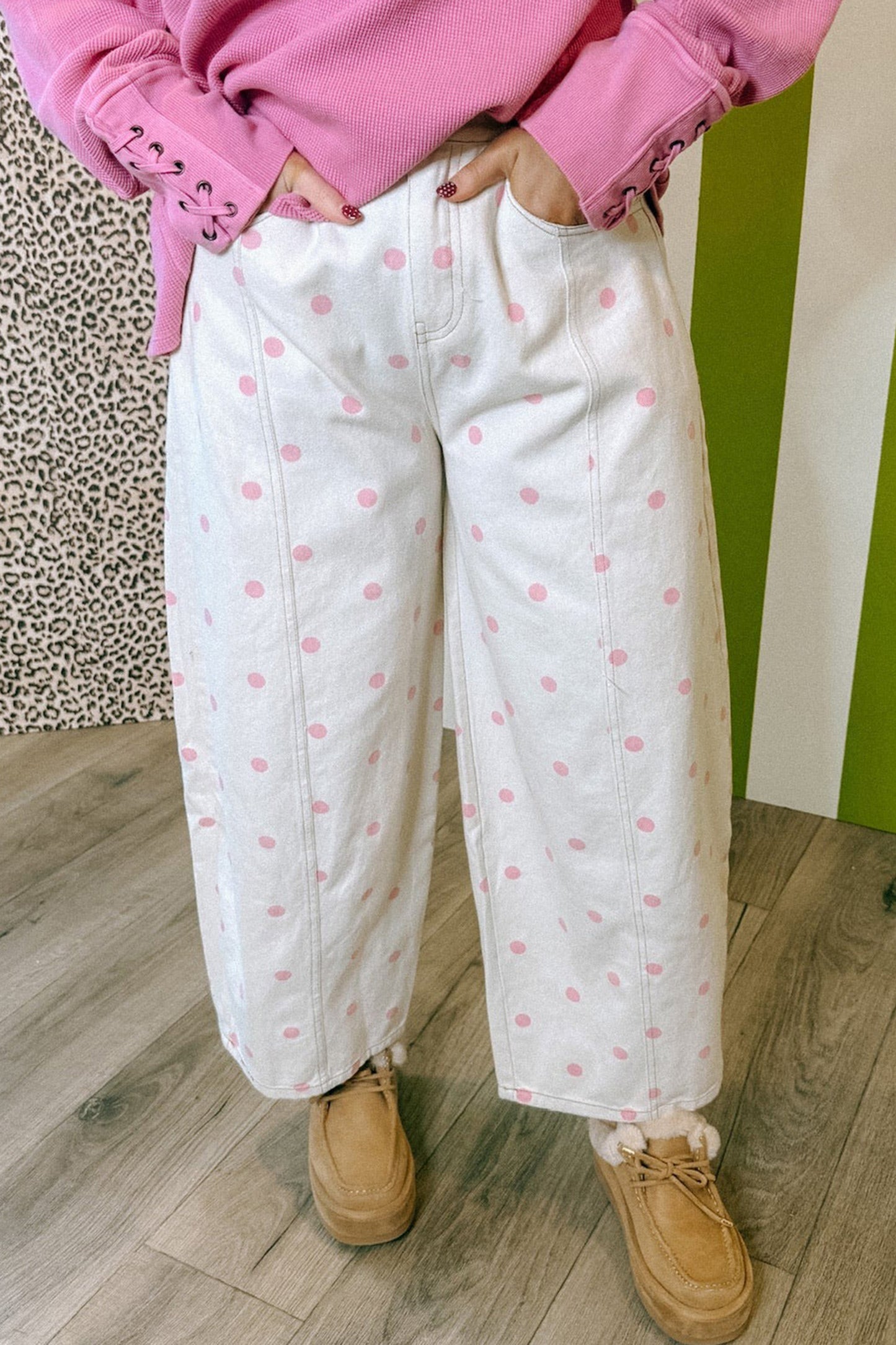 Pink Tailored Seam Polka Dot Print Ankle Length Casual Jeans