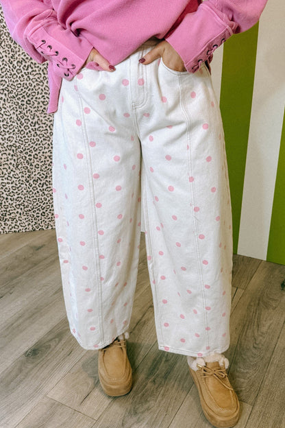 Pink Tailored Seam Polka Dot Print Ankle Length Casual Jeans