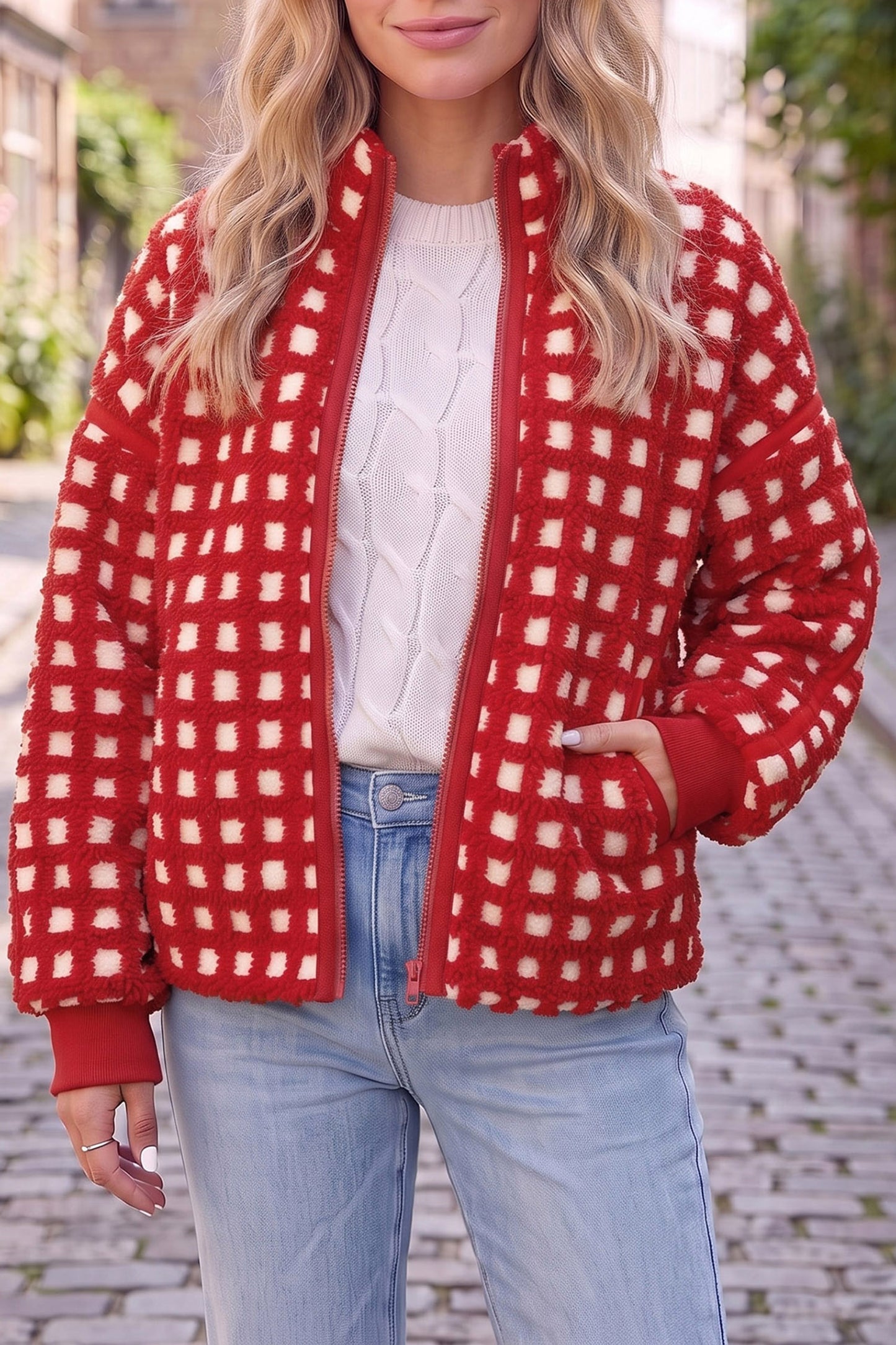 Fiery Red Plaid Zip-up Long Sleeve Jacket