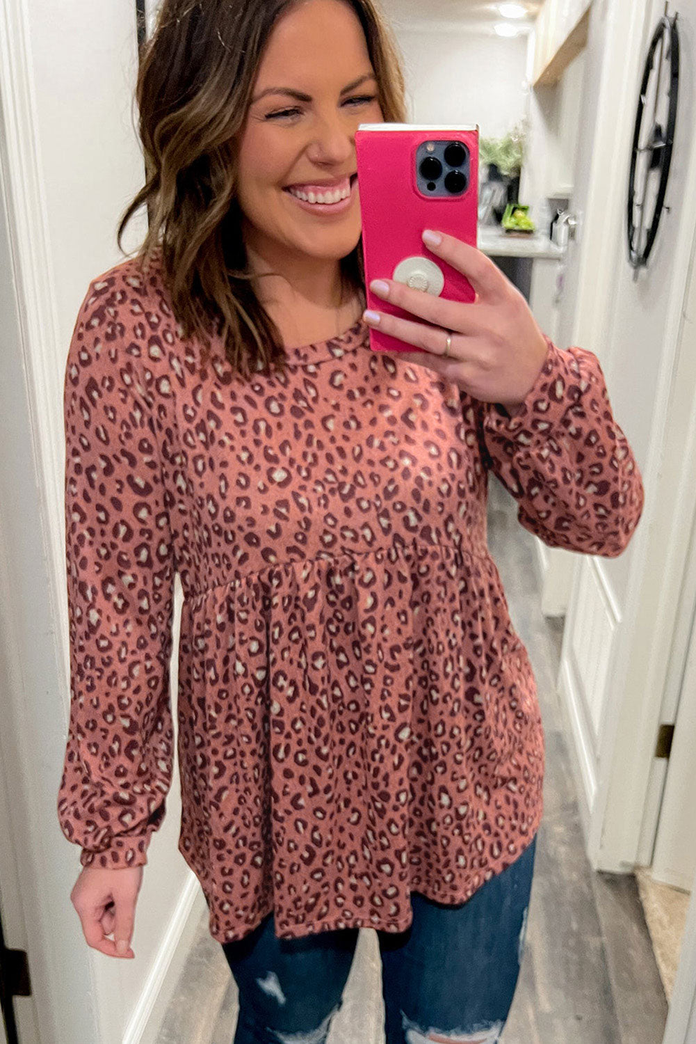 Blusa Babydoll con volantes y manga larga con estampado de leopardo y talla grande 