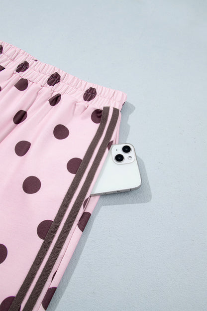 Pink Polka Dot Print Side Stripe Detail Long Sleeve Top Casual Pant Set