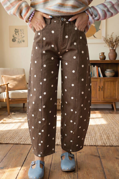 Pink Tailored Seam Polka Dot Print Ankle Length Casual Jeans