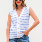 Sky Blue Stripe V Neck Gold Buttons Elegant Sweater Vest
