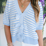 Sky Blue Stripe Short Sleeve Knit V Neck Bow Knot Sweater