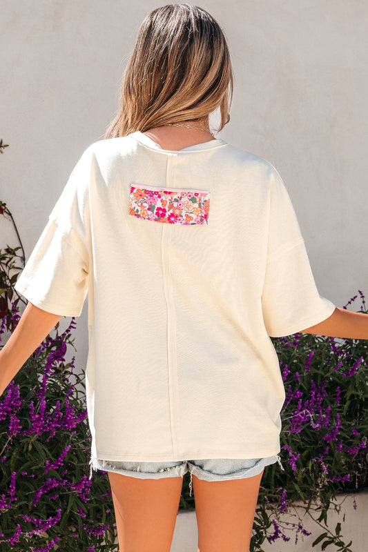 Jet Stream Floral Patched Raw Seam Big Flower Oversize Tee
