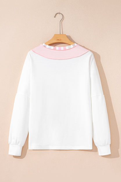 White Exposed Seam Rainbow Stripe Color Block V Neck Loose Long Sleeve Top