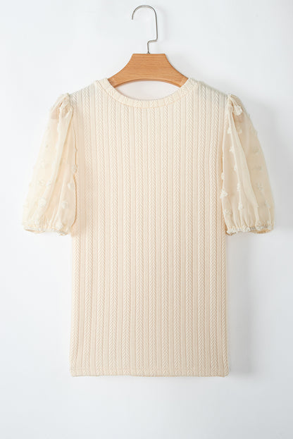 Apricot Polka Dot Mesh Puff Sleeve Textured Blouse