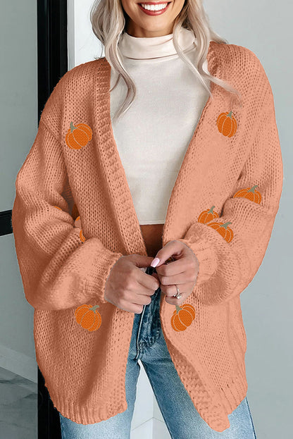 Straw Yellow Pumpkin Tree Print Open Front Drop Shoulder Midi Cardigan