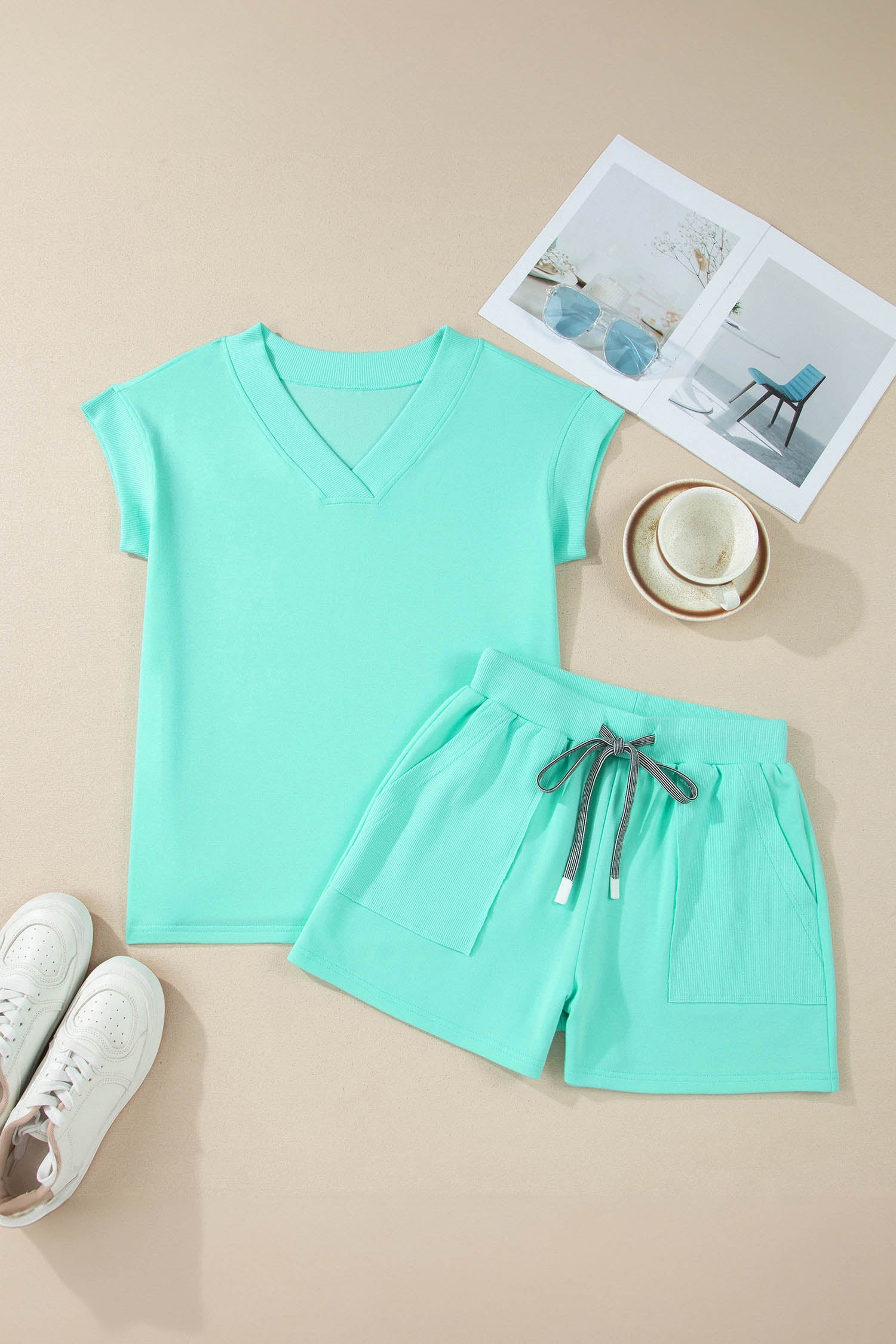Mint Green V Neck Short Sleeve Top Drawstring Shorts 2pcs Set