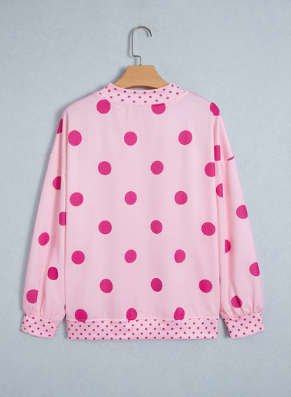Pink Polka Dot Print Contrast Detail Oversized Tunic Sweatshirt