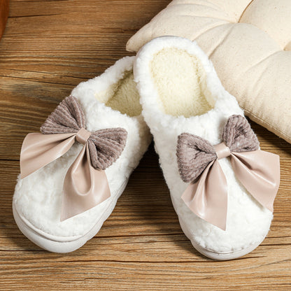 White Contrast Bowknot Applique Plush Winter Slippers (Colors May Differ by Batch)