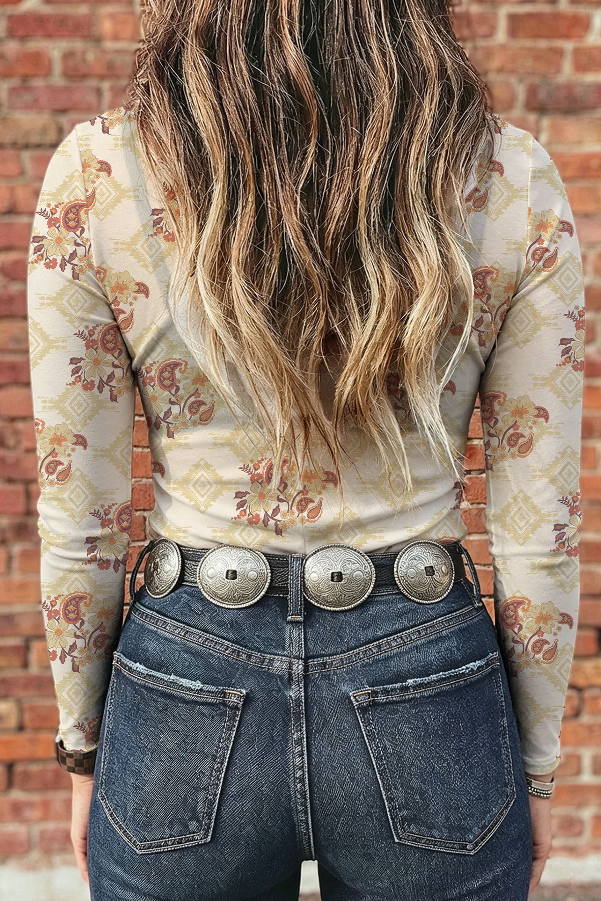 Apricot Floral Print Slim Fit Mesh Long Sleeve Mock Neck Top
