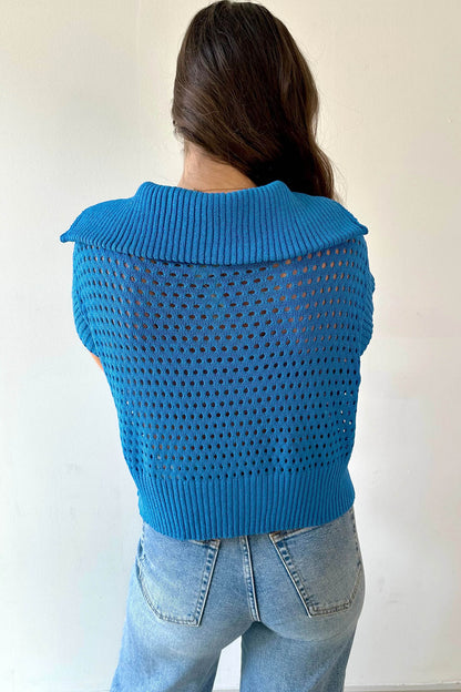 Sky Blue Solid Color Hollowed Knit Short Sleeve Zipper Collar Knitwear Top