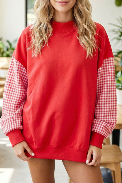 Fiery Red Plaid Sleeve Colorblock Loose Tunic Sweatshirt