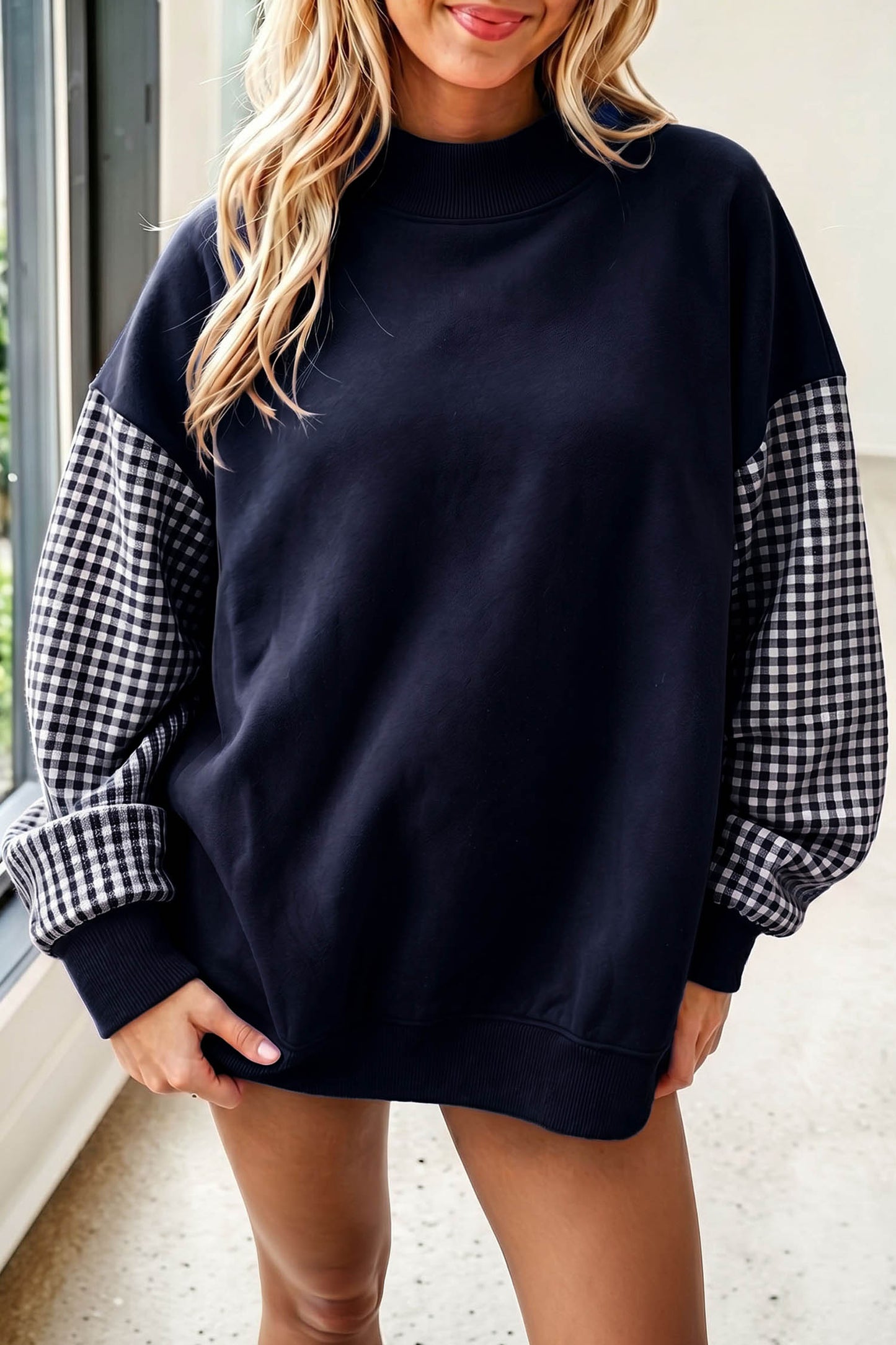 Navy Blue Plaid Sleeve Colorblock Loose Tunic Sweatshirt