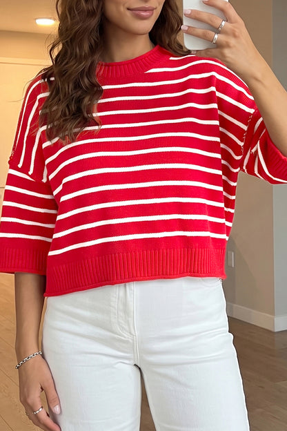 Red Stripe Dropped Shoulder Half Sleeve Relaxed Knit Sweater
