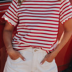 Red Stripe Scalloped Trim Round Neck T Shirt