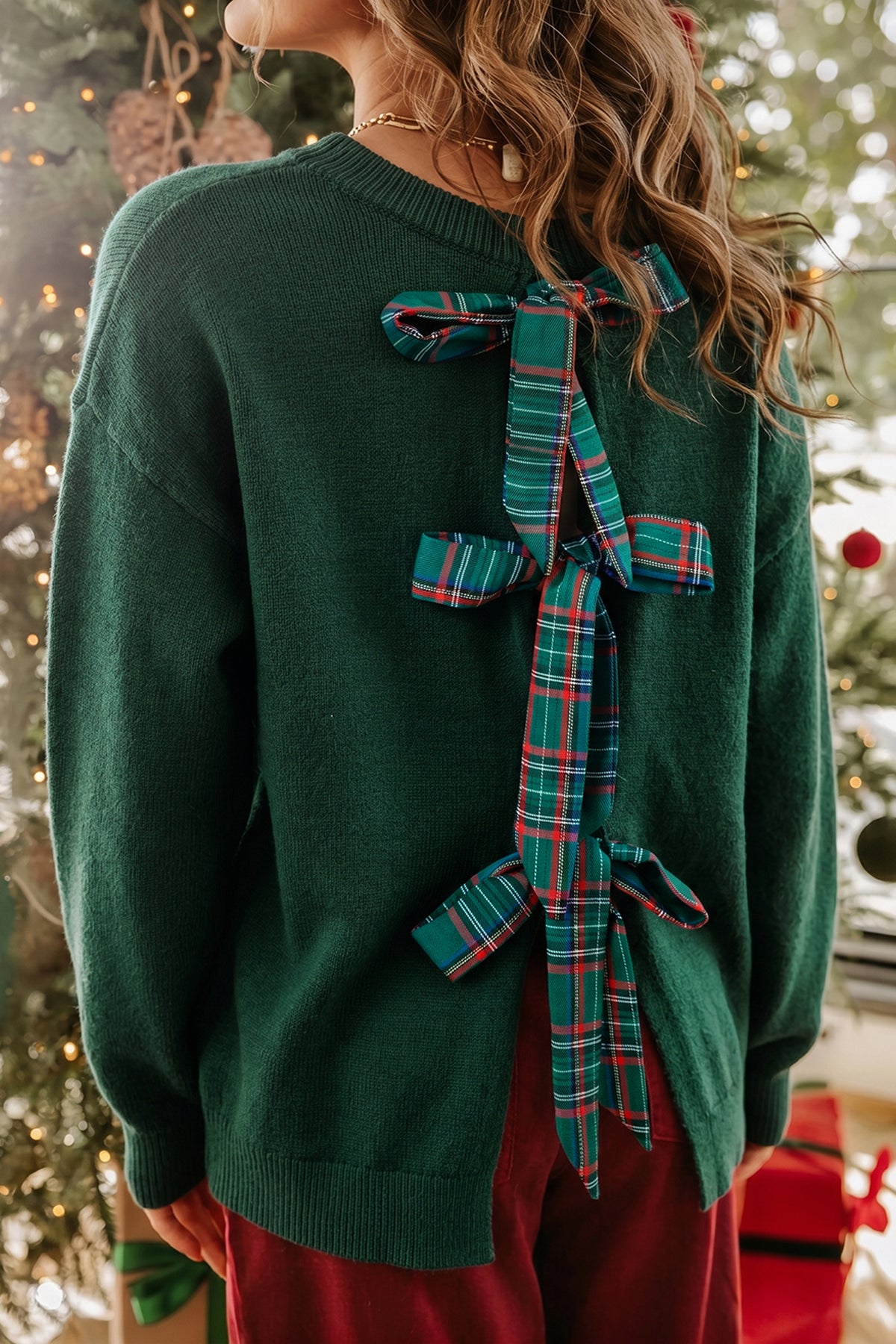 Blackish Green Plaid Bow Detail Drop Shoulder Christmas Sweater