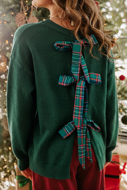 Blackish Green Plaid Bow Detail Drop Shoulder Christmas Sweater