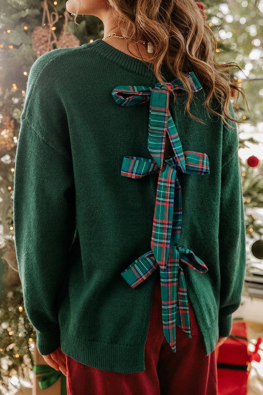 Blackish Green Plaid Bow Detail Drop Shoulder Christmas Sweater