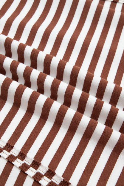 Brown Stripe Color Block Trim Raw Seam Split Hem Loose Pullover Sweatshirt