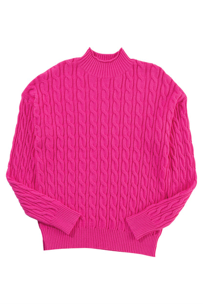 Pull à col montant et épaules tombantes en maille torsadée unie rouge rose