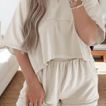 Jet Stream Solid Color Contrast Textured Patchwork Raw Edge 2pcs Short Set