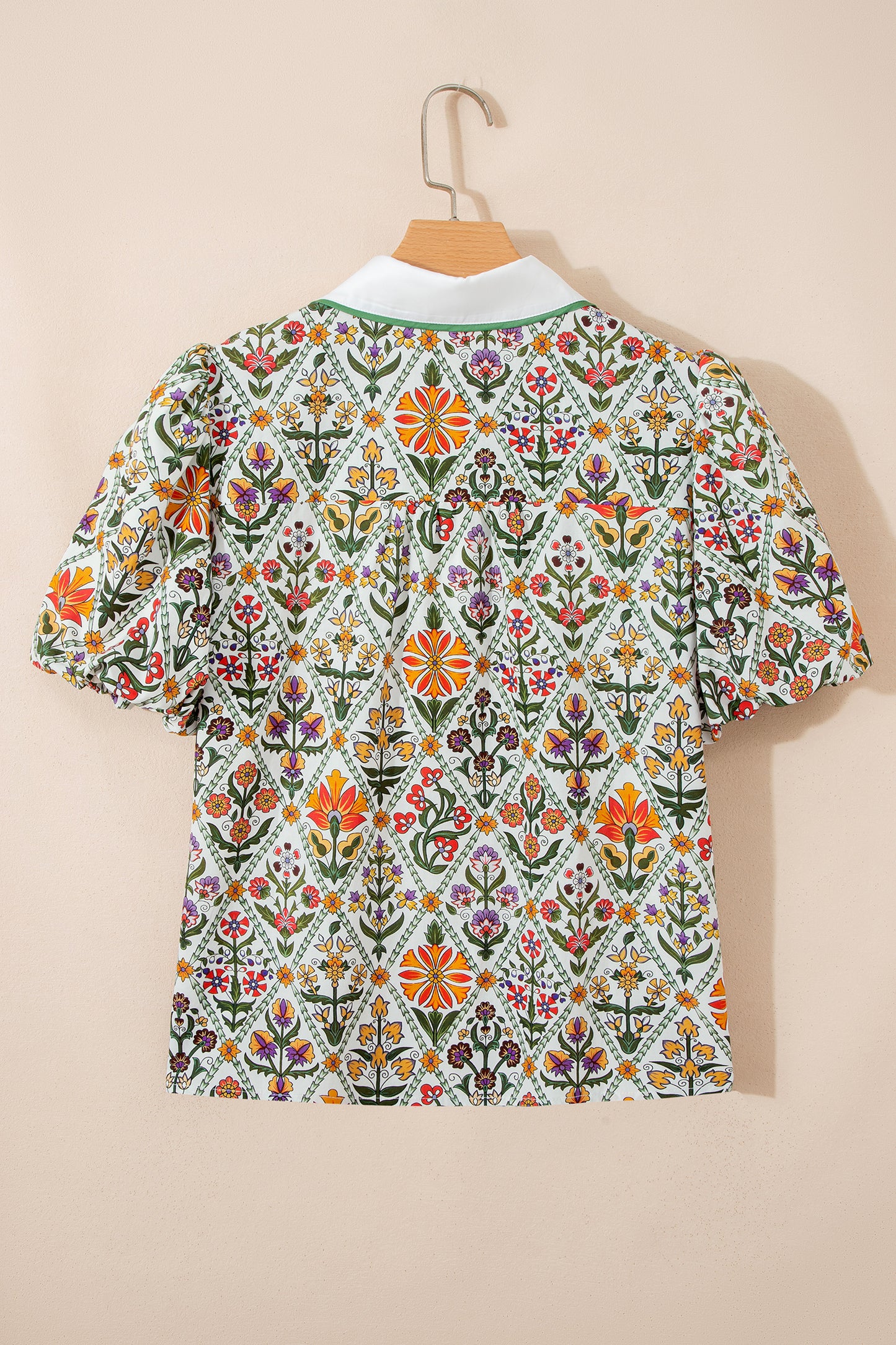 Green Short Bubble Sleeve Floral Shirt