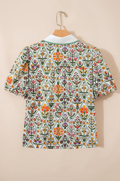 Green Short Bubble Sleeve Floral Shirt