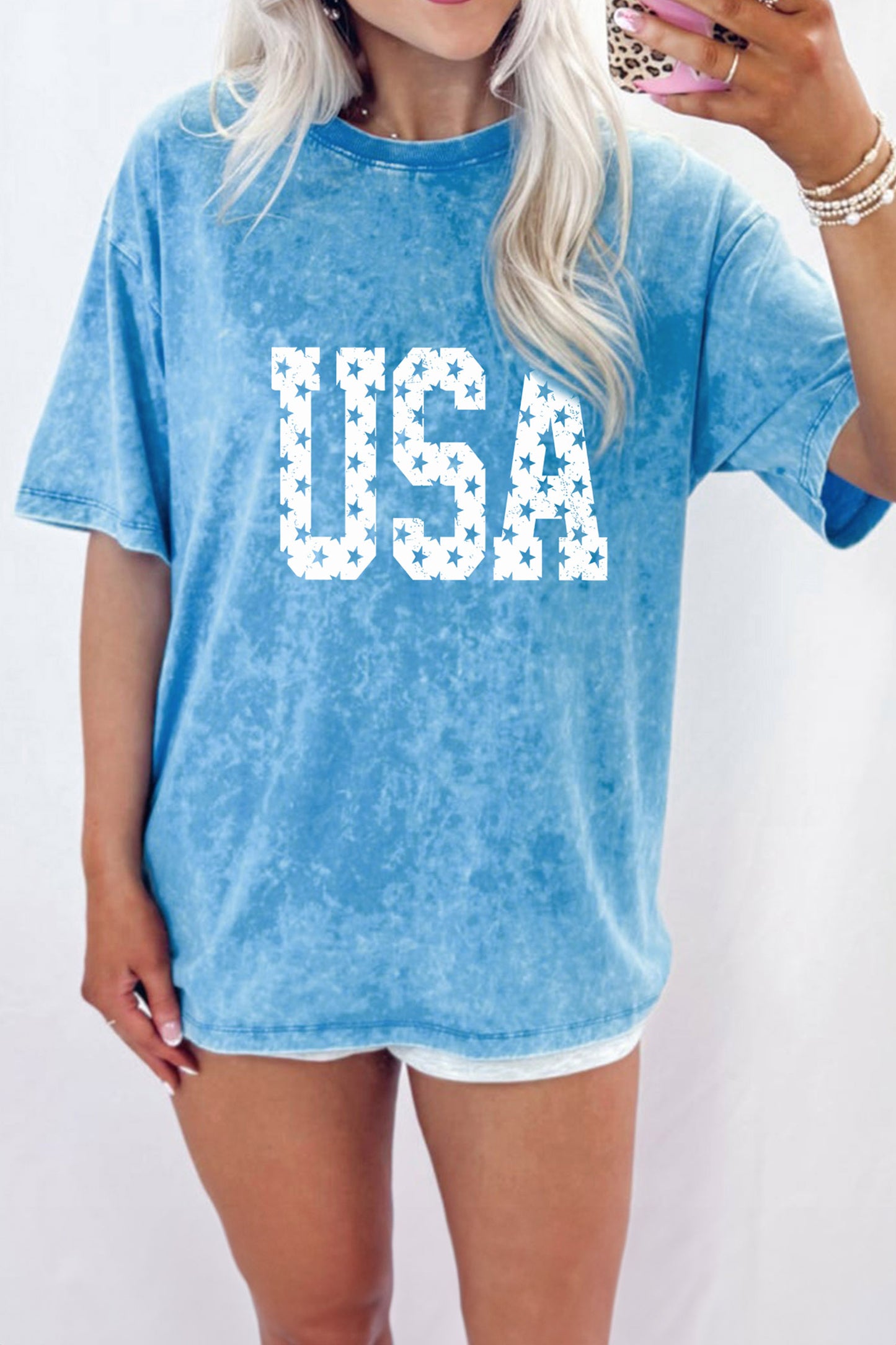 Blue USA Star Print Mineral Washed Cotton Tee
