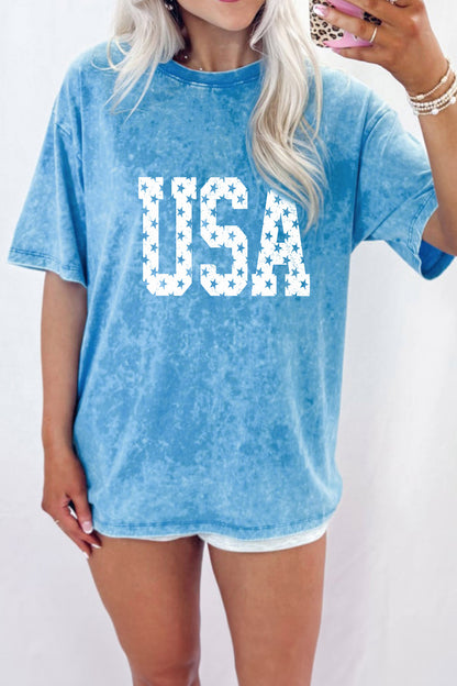 Blue USA Star Print Mineral Washed Cotton Tee