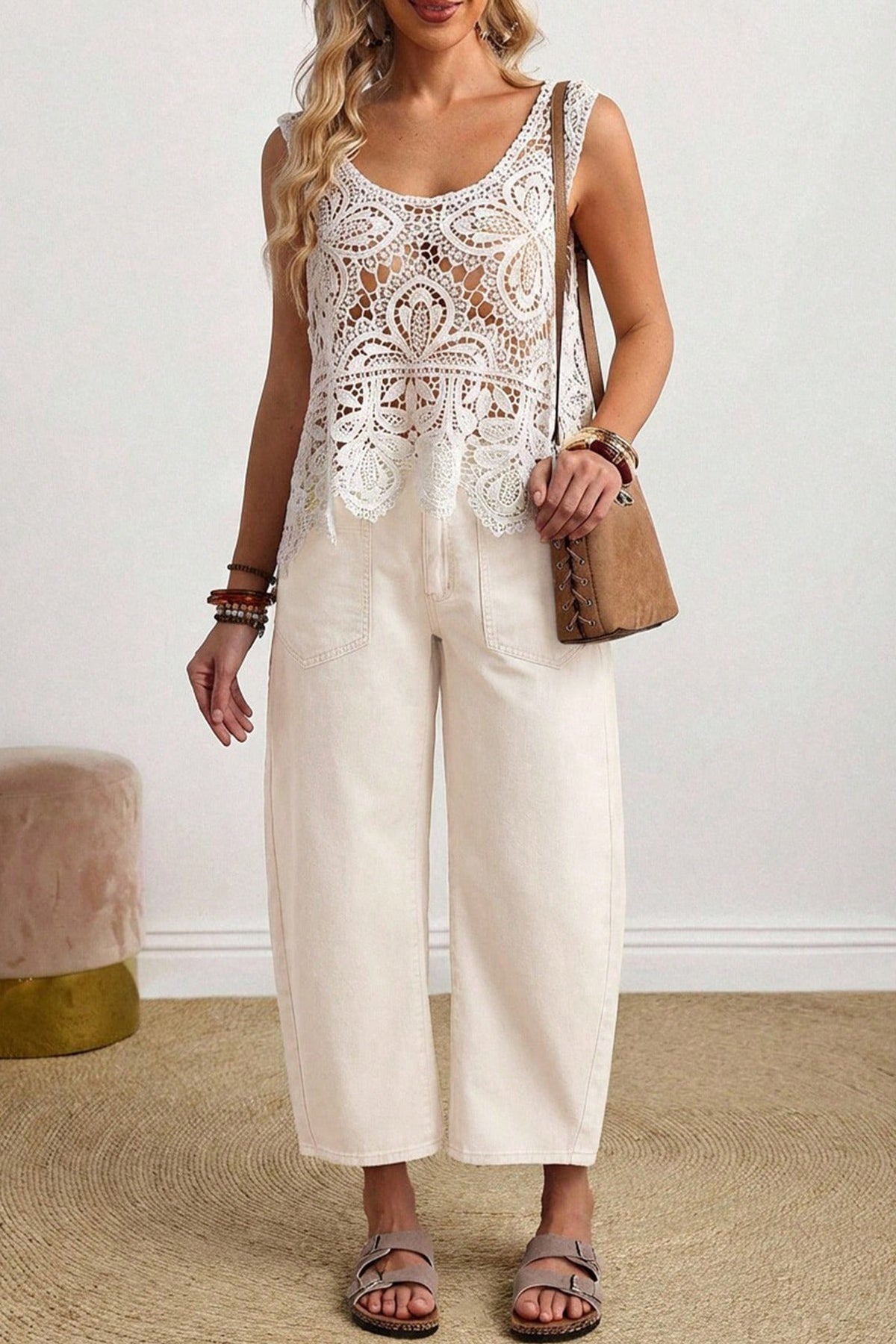 Beige Solid Color Square Patch Pocket Ankle-length Barrel Jeans