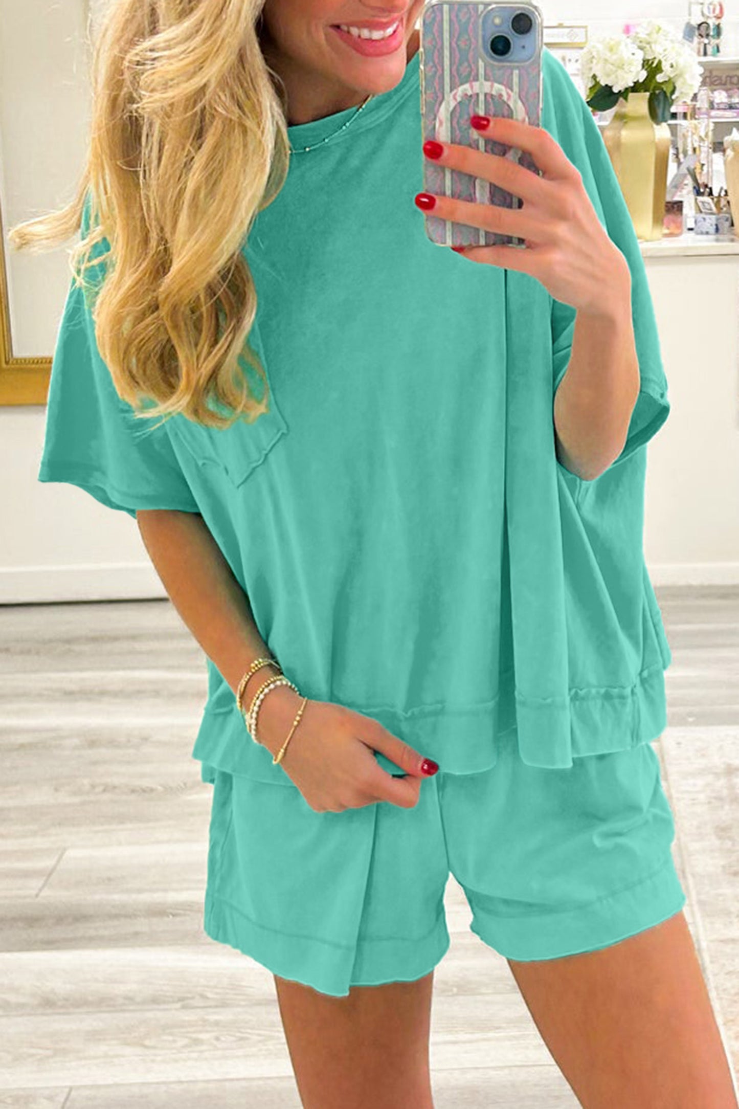 Strawberry Pink Raw Edge Patch Pocket Oversized Top and Shorts Set