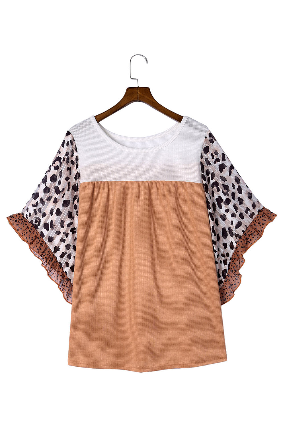 Top de talla grande con mangas con volantes y estampado animal de punto gofre de color caqui 