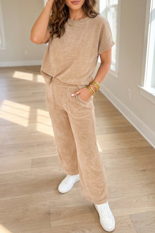 Light French Beige Solid Color Short Sleeve Ribbed Top Casual Pants 2pcs Set
