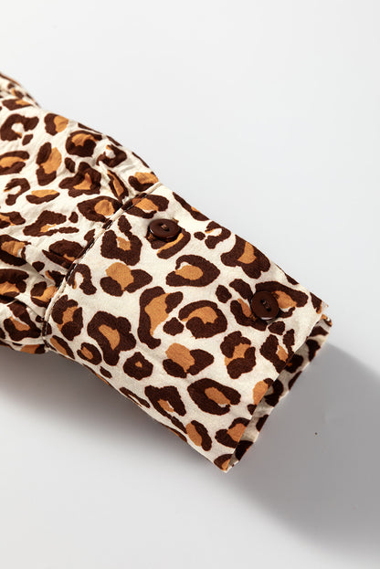 Brown Leopard Print Contrast Frilled Trim Button Down V Neck Shirt