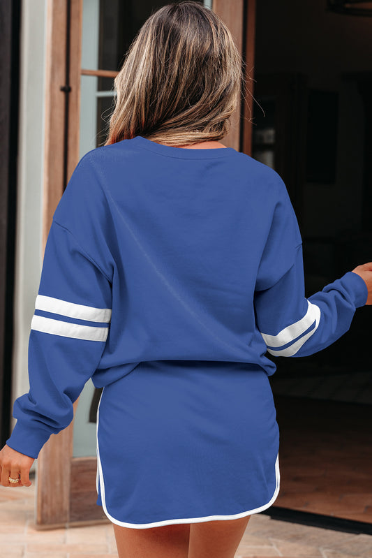 Sky Blue Varsity Stripe Detail Drop Shoulder Pullover Mini Skirt Set
