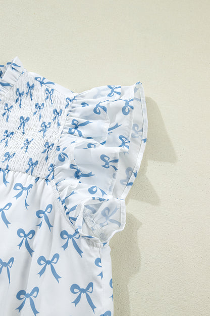 Sky Blue Ruffled Short Sleeve Plus Size Bow Top