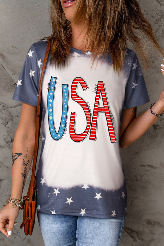 Blue Tie Dye Stripes and Stars USA Print T Shirt
