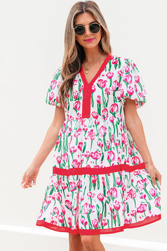 Pink Floral Print Contrast Trim V Neck Bubble Short Sleeve Babydoll Dress