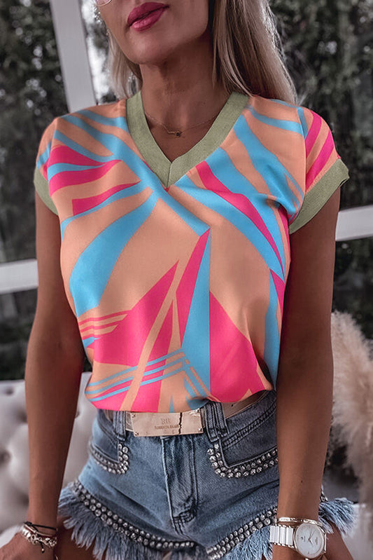 Chemisier à col en V et bordures contrastées à imprimé géométrique 