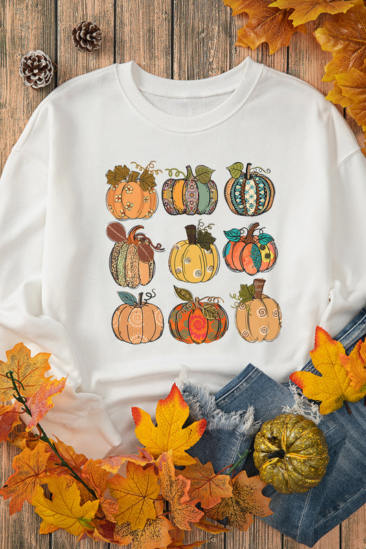 Sweat-shirt beige à épaules tombantes et imprimé citrouilles pour Thanksgiving