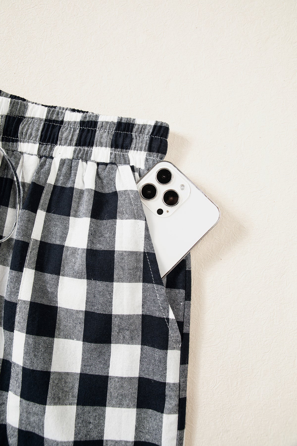 Blue Gingham Plaid Tie Elastic Waist Shift Pants