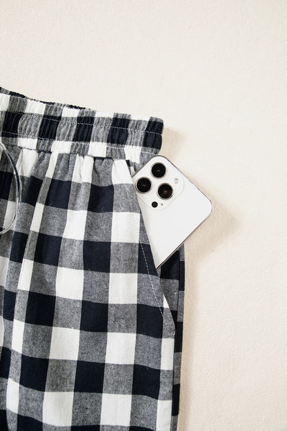 Blue Gingham Plaid Tie Elastic Waist Shift Pants