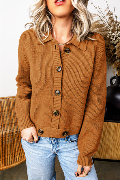 Mustard Ribbed Knit Collar Button Front Long Sleeve Cardigan