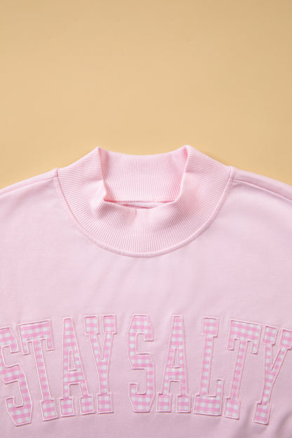 Pink Stay Salty Embroidered Long Sleeve Stand Neck Shift Pullover Sweatshirt