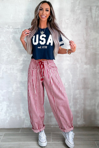 Red Stripe Drawstring Casual Loose Pants