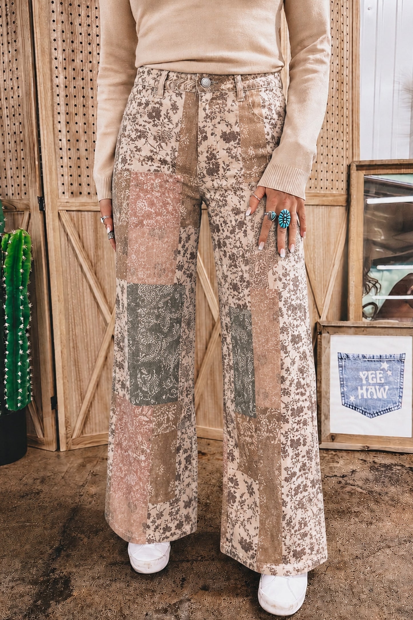 Khaki Western/ Patchwork Print Casual Shift Jeans